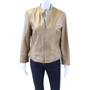 Yvonne Marie Womens Leather Long Sleeve Zipped Jacket Beige Size 8